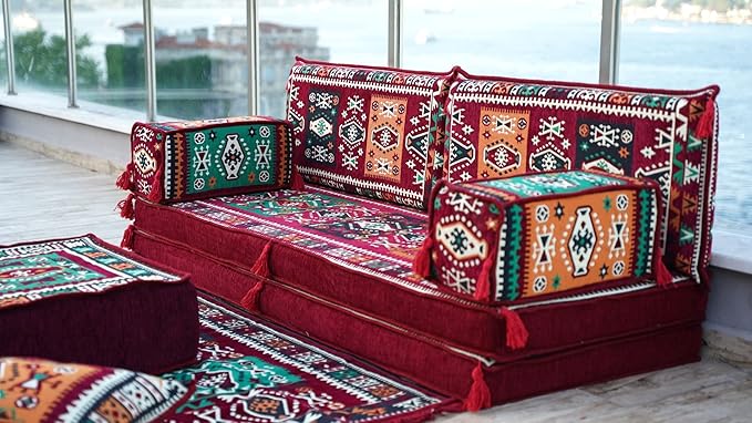 arabicsofa Maroon Arabic Majlis Sofa with Cushions – Modular Loveseat Floor Sofa for Living Room