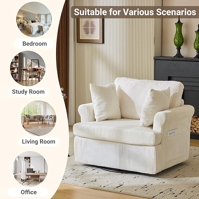 Karl home 39 Swivel Accent ChairOversized Seat Armchair W/2 Pillows and 4 PocketsModern Upholstered Corduroy Barrel ChairsComfy Single Sofa for Living RoomReadingBedroom and Office-Beige