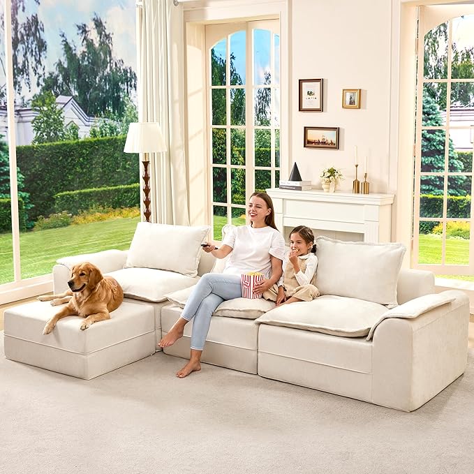 Hobestluk 120 Cloud Modular Sectional Couch 3-Seater Sofa with Ottoman L Shaped Sofa with Removable Cover Large Sofa Couch for Living Room (Beige 3-Seater Sofa with One Ottoman)