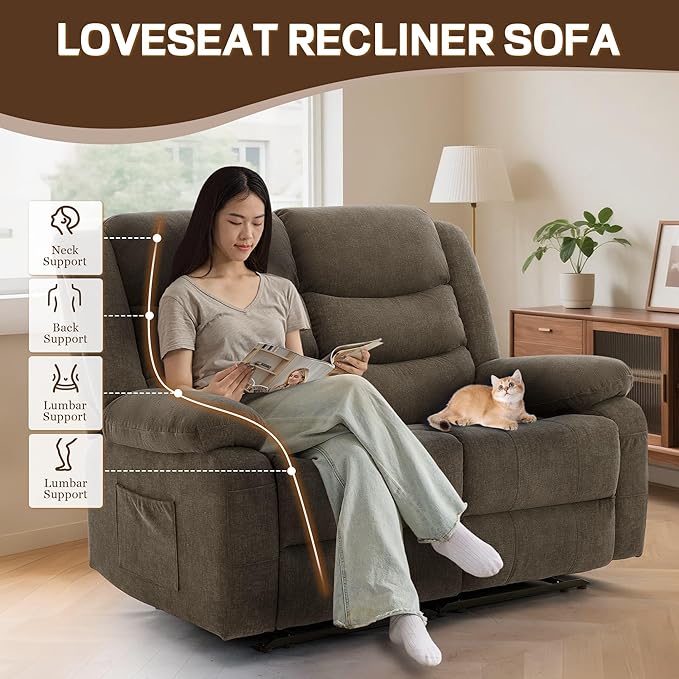 Loveseat Recliner Sofa for RV Furniture and Theater Seating Wall Hugger Loveseat Recliner Oversized Loveseats Couch with Front Porckets&ampSide Pockets Fabric Brown