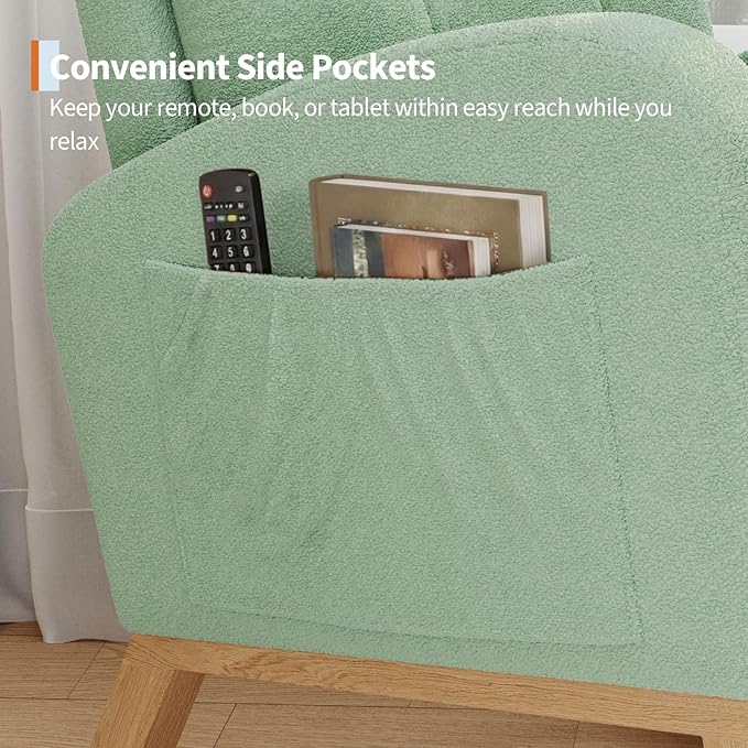 GarveeHome Nursery Rocking Chair Teddy Fleece Upholstery Sturdy Wooden Legs &amp High Backrest Comfortable Glider Rocking Chair for Living Room or Bedroom Light Green