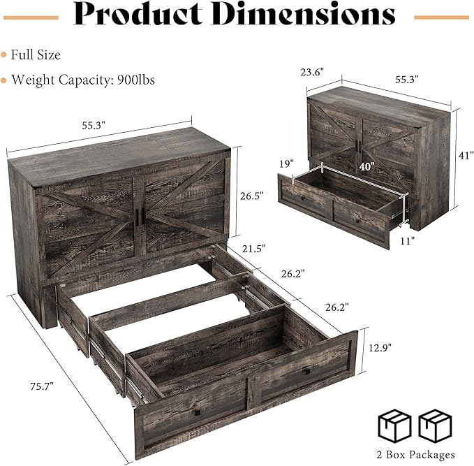 AMERLIFE Full Murphy Bed Cabinet with Charging Station and Storage Farmhouse Foldable Platform Bed for Guest Room Office Small Spaces Black Oak