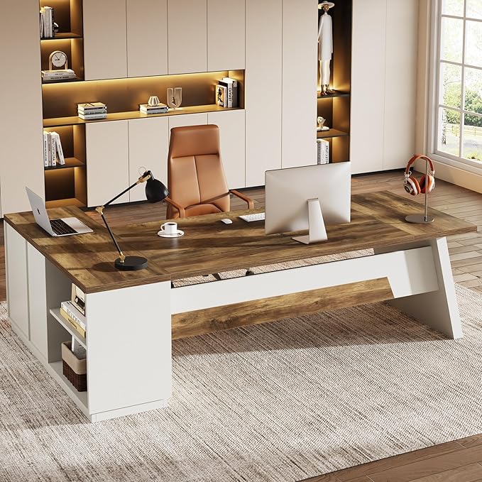 Tribesigns 78 L-Shaped Executive Desk Large Modern Office Desk with Drawers and Lateral File Cabinet Business Furniture with Storage Shelves Big Computer Desk for Home Office (Brown + White)