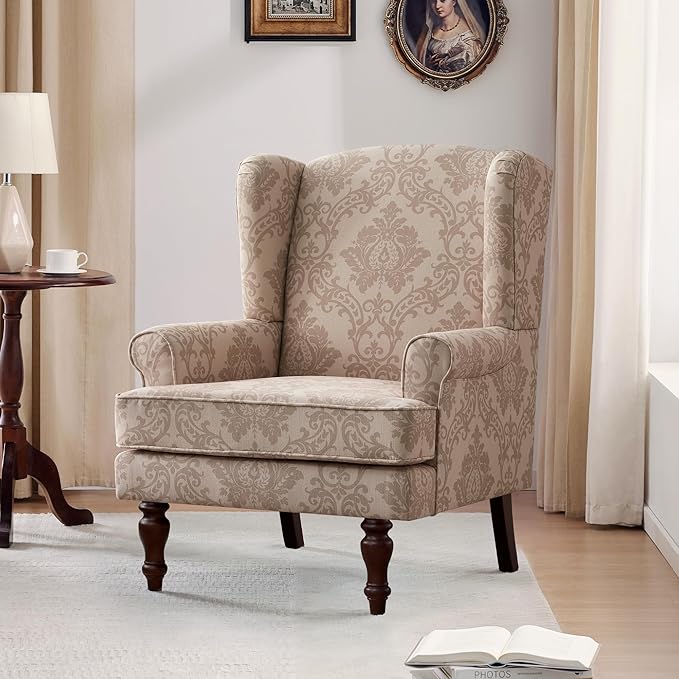 HUIMO Printed Wingback Accent Chair Linen Upholstered High Back Armchair Comfy Reading Chair for Living Room Bedroom Study 300lbs Weight Capacity (1 Brown Floral)