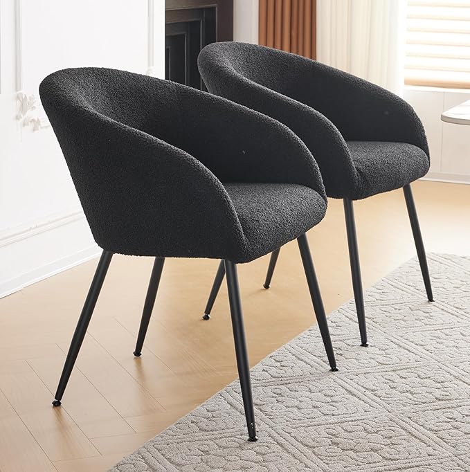 Modern Small Accent Chair Comfy Sherpa Makeup Vanity Chair with Metal Legs Decorative Chair no Wheels for Living Room Dressing Room Bedroom Black