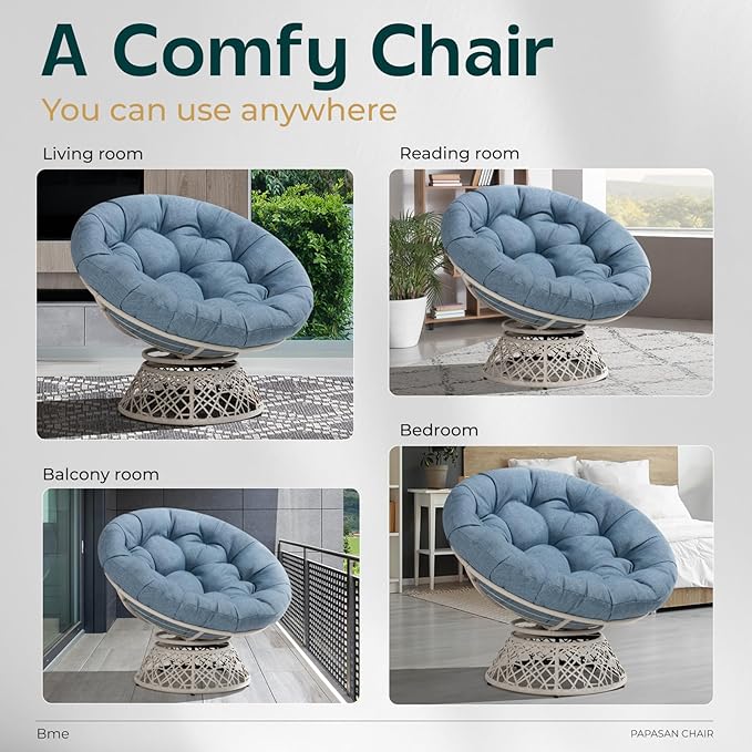Bme 40 Ergonomic Wicker Papasan Chair with Soft Thick Cushion &amp Frame 360° Swivel Circle Reading Comfy Chair for Living Room Bedroom