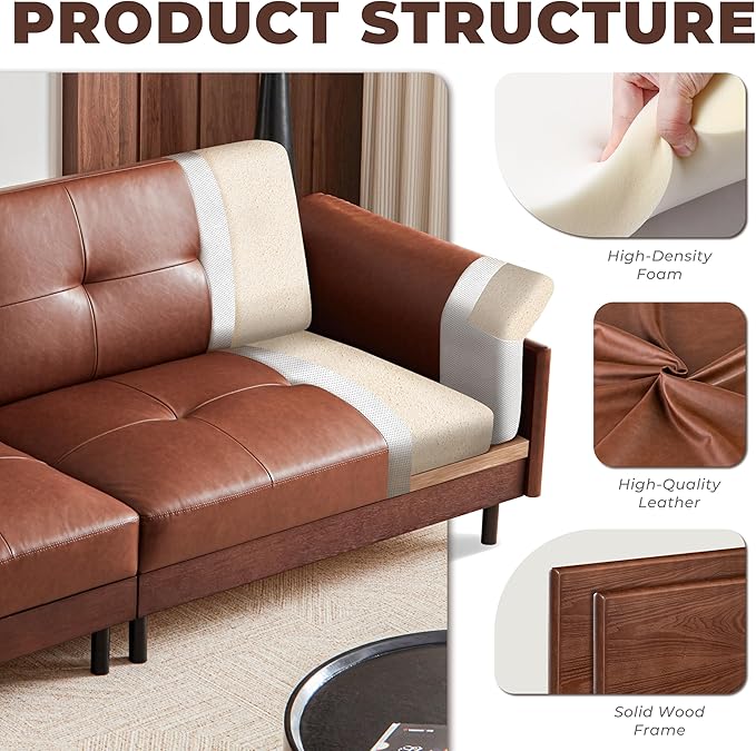 90 Inch Mid Century Modern Brown Leather Sofa Vintage Luxury 4-Seater Large Waxed Leather Sectional Couch with Solid Wood Exterior and Hand-Tufted for Living Room and Office