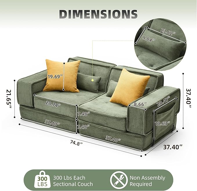 Modular Sofa Bed No Assembly Required Sectional Couch for Living Room Compressed Cloud Couch with Corduroy Fabric &amp Lumbar Pillows Small Space Furniture Green