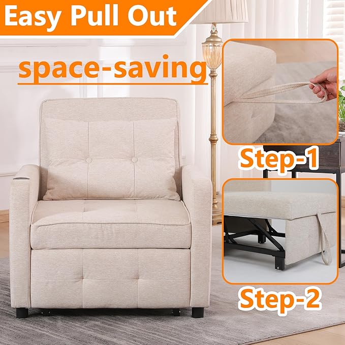 3 in 1 Boucher with Pull-Out Sofa Convertible Lazy Sleep Armrest Sofa Chair with Storage Pockets and Adjustable Backrest Comfortable Folding Seat Bed Bedroom Bed (Dark Grey) (Beige)