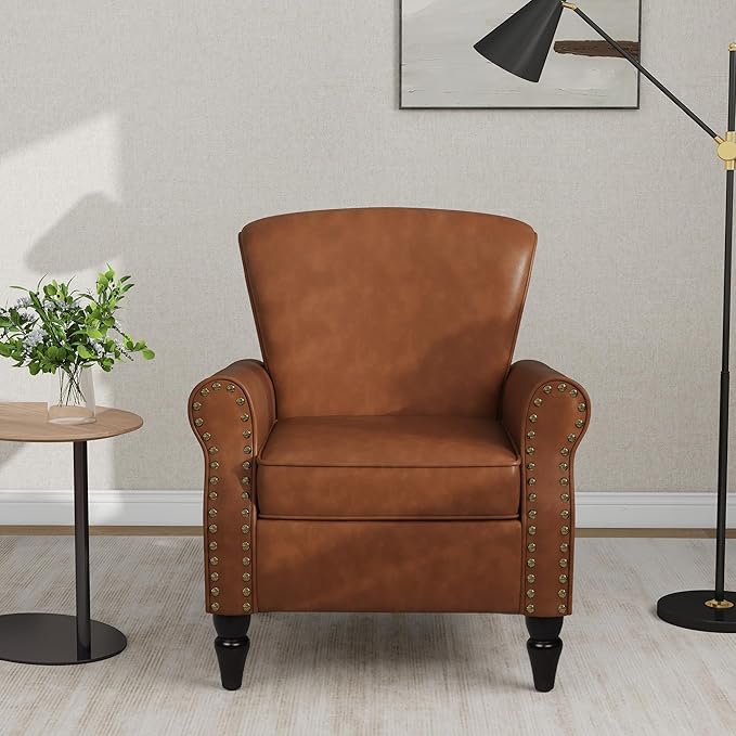 Accent Chair Mid Century Modern Faux Leather Arm Chair with Wood Leg for Living Room Bedroom Comfy PU Leather Club Reading Chairs with Wingback &amp Nailhead Trim (Leather Brown Set of 2)