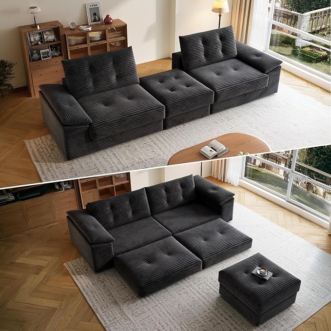 109.5 Loveseat Sofa with Ottoman Corduroy L Shape 3 Seater Couch Modular Sectional Couch for Living Room Small Spaces Apartment No Assembly Required Black