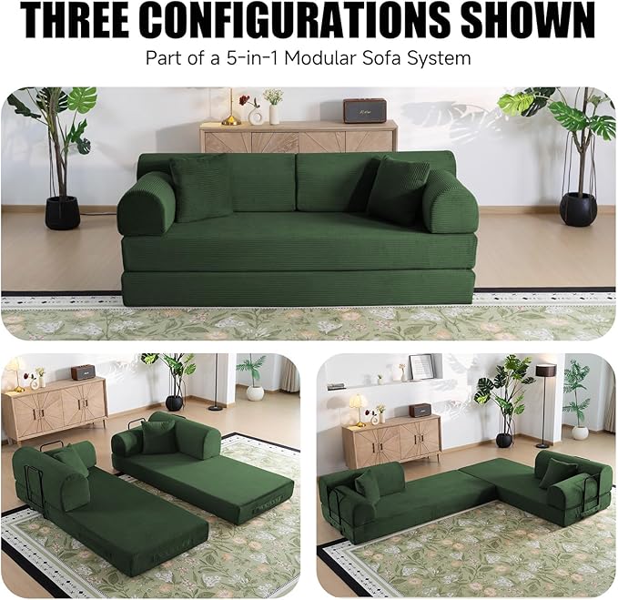 78.8 Boneless Memory Foam Couch Corduroy Convertible Floor Sofa Bed Fold-Out Sleeper Futon Loveseat Wide Armrests &amp Supportive Back 1200 lb Couch in a Box 2 Pillows Dark Green