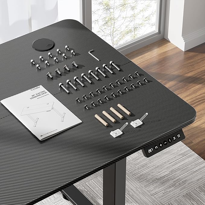 Small Electric Standing Desk 40 x 24 Inches Height Adjustable Sit Stand Computer Desk Home Office with Memory Presets (Spliced DesktopCarbon Fiber Black)