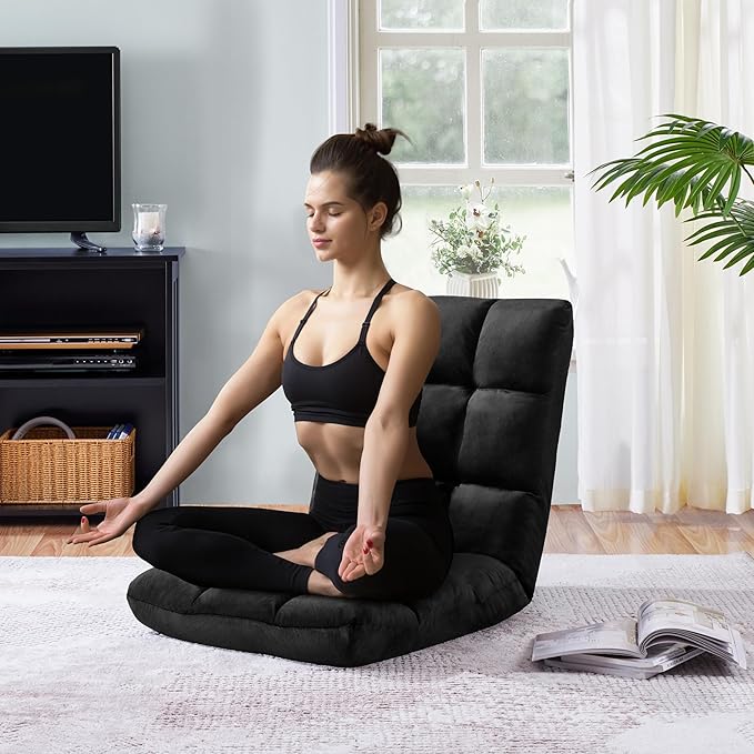 Topeakmart Living Room Floor Chair Folding Padded Lounge Chair with 14 Adjustable Position Meditation Chair Gaming Sofa with Backrest Lazy Sleeper Recliner for Living Room Bedroom Black 2pcs