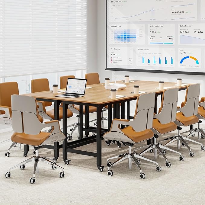Tangkula Conference Room Table Set of 4 Mobile Computer Desk with Removable Storage Bag &amp 2 Hanging Hooks Rolling Meeting Table with Heavy-Duty Metal Frame Conference Desk (Natural)