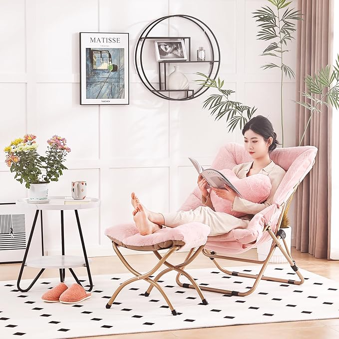 Comfy Saucer Chair with Ottoman Oversized Folding Faux Fur Chair Soft Furry Lounge Lazy Chair with Metal Frame Moon Chair Accent Chair for Bedroom Living Room Dorm Rooms