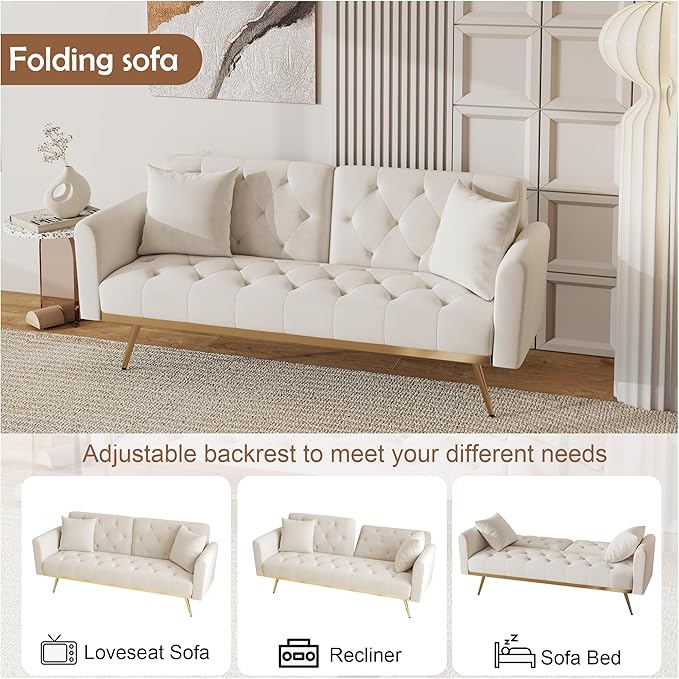 Modern Velvet 2 in 1 Futon Sofa BedConvertible Folding Sleeper Bed Couches with 2 Pillows73 Tufted Recliner Love Seat with Golden Chrome Legs for Living Room Apartment Office (Beige-New)