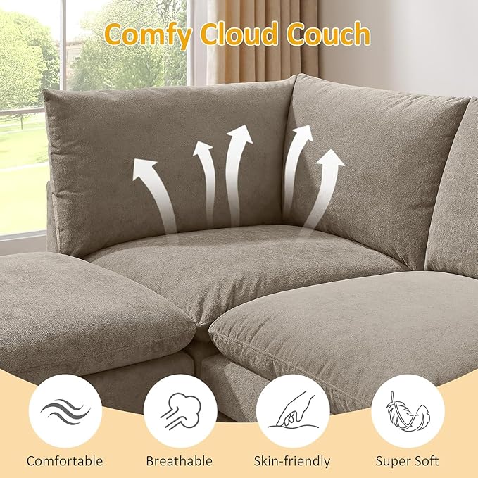 VANOMi 98 L Shape Modular Sectional Cloud Sofa Couches Convertible Sleeper Sofa with Thick Cushion Movable Ottoman for Bedroom Apartment Upholstered Comfy Living Room Sofa Set Taupe
