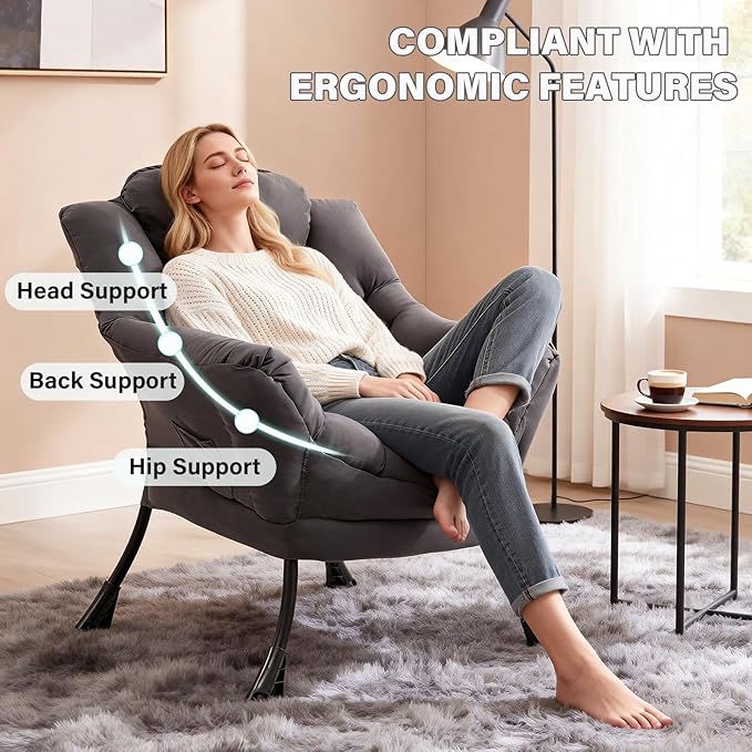 Lazy Chair Modern Accent Chair with Armrests Side Pocket &amp Metal Frame Comfy Leisure Chair for Living Room Bedroom Dorm &amp Office Dark Grey