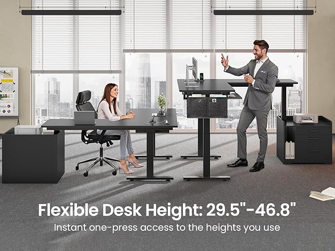 SEDETA L Shaped Electric Standing Desk with File Cabinet 63 x 53'' Height Adjustable Home Office Computer Desk with Drawers Power Outlet Stand up Gaming Table with Led Lights Keyboard Tray Black