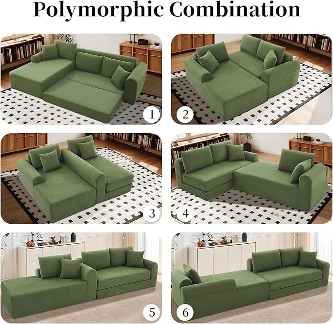 KBQ Modular Sectional Couch in a Box 103 L Shaped Boneless Cloud Couch with Deep Seat Convertible Sofa Bed for Living Room Bedroom Apartments No Assembly Required Green Left Facing Chaise