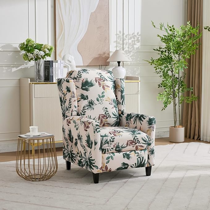 Push Back Recliner Chair with High Back Blue Floral Print Fabric Upholstery Classic Wing Back Design 250 LBS Capacity (Green)