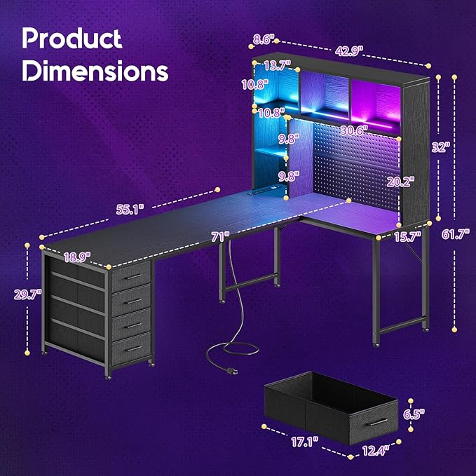 AODK 71 L Shaped Gaming Desk with Hutch Pegboard &amp Shelves L Shaped Desk with 4 Drawers Integrated LED Light Strip &amp Power Outlets Reversible PC Gaming Computer Desk Black