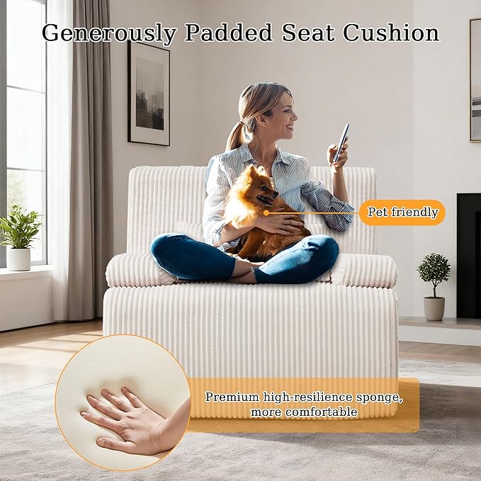 AHMED Boneless Chair Corduroy Cloud Chair Foam Couch with Wide Armrest&ampPillow No Assembly Reading Single Sofa for Living Room/Bedroom/Apartment Beige