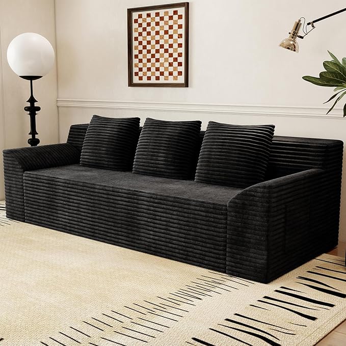 71Cloud Loveseat SofaModern 2-Seater Boneless Couch with 3 Pillows &amp Side PocketSoft Corduroy LoveseatCompressed FoamDeep SeatNo Assembly for Living RoomBedroomApartment(Tilted ArmrestBla