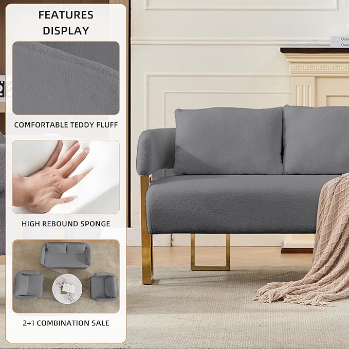 YISHENG Loveseat Sofa and 2 Accent Chairs Comfy Sofa Modern Accent Chairs for Living Room with Golden Legs Teddy Upholstered Reading Armchairs no Wheels for Reception Room//Bedroom/Lounge/OfficeGrey
