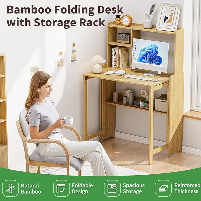Bamboo Folding Desk for Small Spaces with Storage Mid Century Foldable Desk with Bookshelf Small Desks with Storage for Home Office Bedroom Natural
