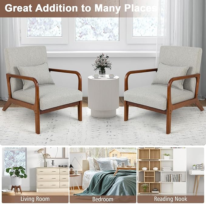 GORELAX Mid Century Modern Accent Chair Upholstered Lounge Armchair with Wood Frame &amp Lumbar Pillow Comfy Reading Chair for Living Room Bedroom Office (2 Grey)