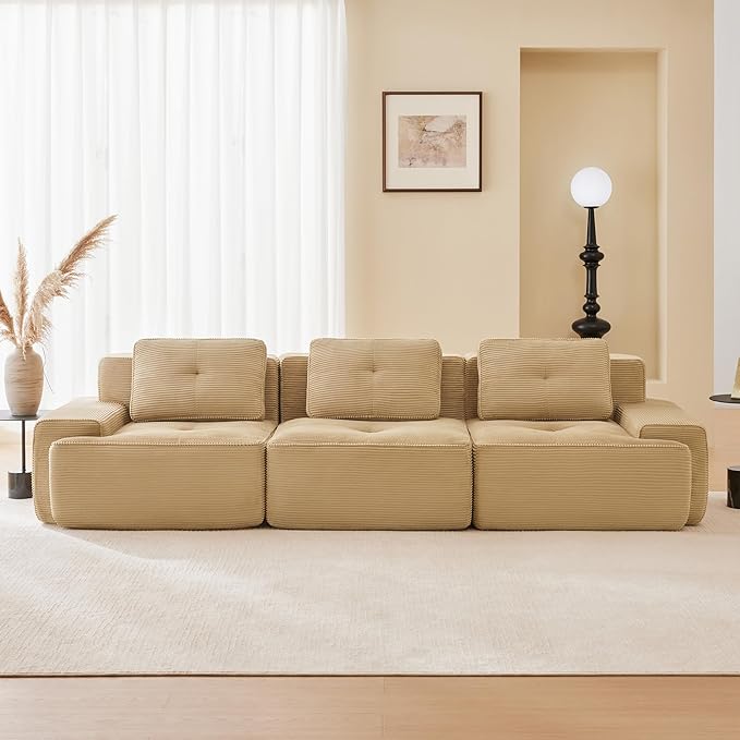 115.3'' Sectional Sofa 32D Foam Corduroy Boneless Couch with Pillow Deep Seat Wide Arm Sectional Couch for Apartment Living Room Bedroom