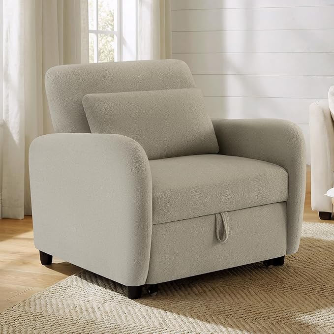 CHITA Sleeper Chair 3-in-1 Pull Out Convertible Single Sofa Bed with Adjustable Backrest Chenille Chaise Lounge Chair for Living Room Bedroom &amp Apartment Stone
