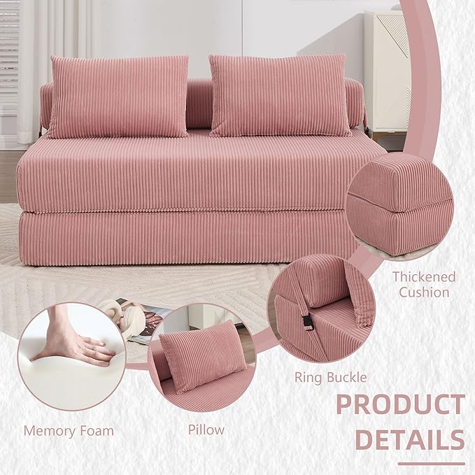 GNIXUU Fold Out Couch 3-in-1 Convertible Futon Sofa Bed with 2 Pillows Corduroy Foldable Floor Chair Boneless Loveseat Couches for Living Room Bedroom Small Spaces Pink