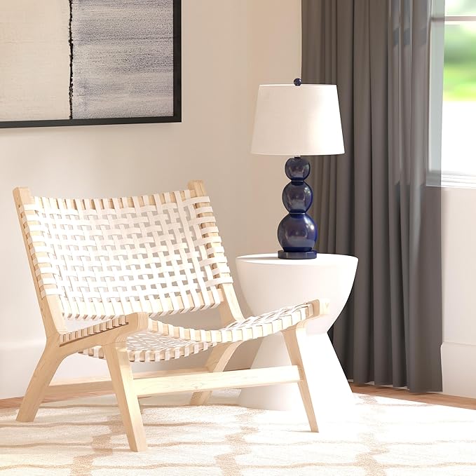 SAFAVIEH Home Collection – Luna Natural Solid Wood &amp White Leather Woven Accent Chair Contemporary Lounge Chair Fully Assembled (ACH1002A)