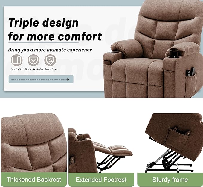 Power Recliner Chair with Massage and Heating Power Lift Recliner Chair for Elderly and Adults Electric Recliner with Remote Control and Cup Holders for Living Room Linen Fabric Brown