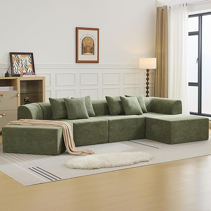 140''Oversized Cloud Velvet Curved Sectional Couch Boneless Couch with L-Shape Chaise Upholstered Compression Memory Foam Modular Sectional Sofa for Living Room No Assembly Required Green