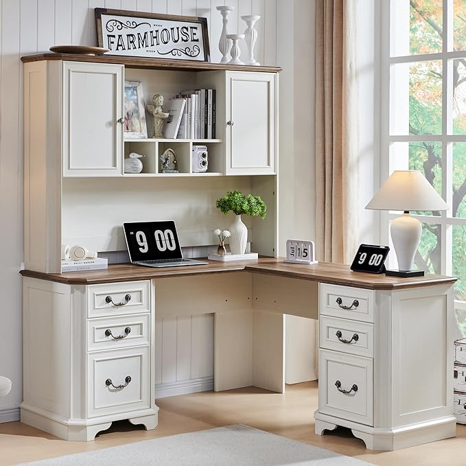 T4TREAM 59 L Shaped Desk with HutchVictorian Wood Computer Desk Featuring Charging StationFile Drawer Storage Cabinetfor Home Office Work and Study (Antique White)