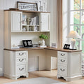 T4TREAM 59 L Shaped Desk with HutchVictorian Wood Computer Desk Featuring Charging StationFile Drawer Storage Cabinetfor Home Office Work and Study (Antique White)