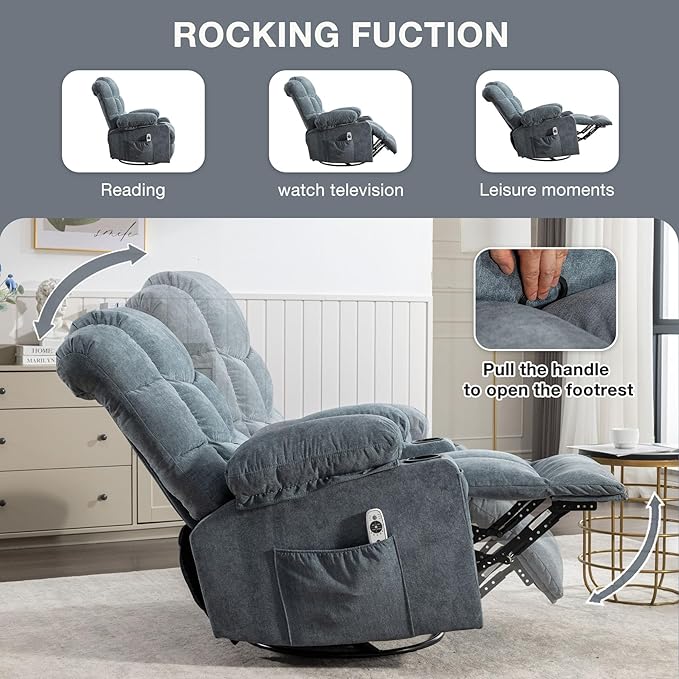 360 Swivel Massage Boy Recliner Chair with 2 Cup Holders Heated &amp Massage Function Adjustable Backrest USB Port &amp 2 Side Pockets for Adults (Blue)