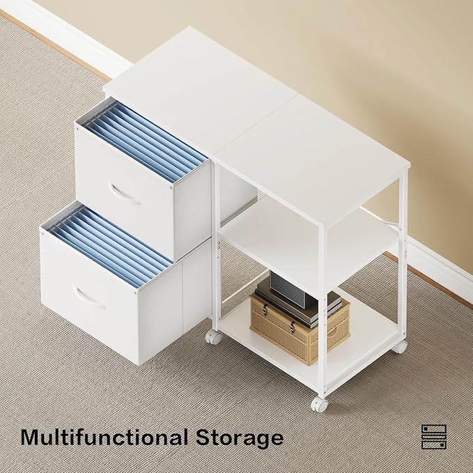 2-Drawer Fabric Lateral File Cabinet with Wheels Rolling Printer Stand with Open Storage Shelf for Home Office White