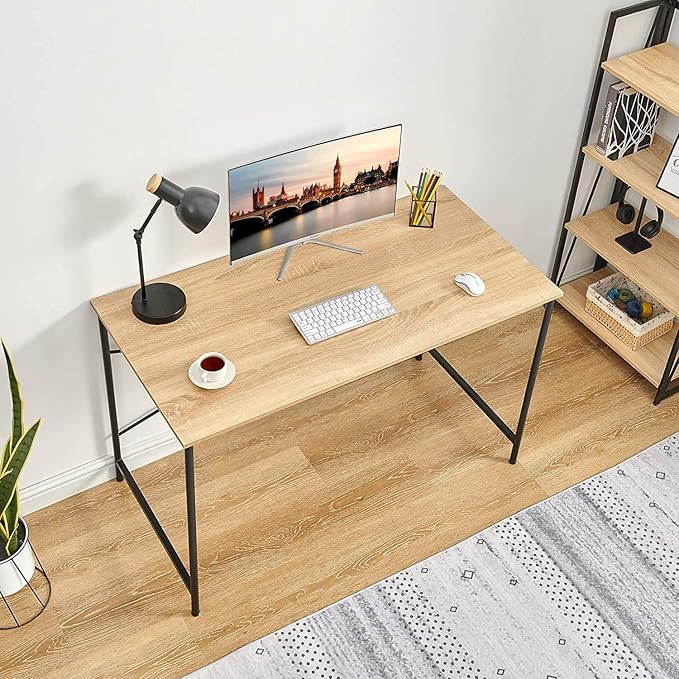 Coavas 47 inch Office Computer Desk Large Study Desk Simple Writing Table Workstation for Home Oak Tabletop with Black Frame