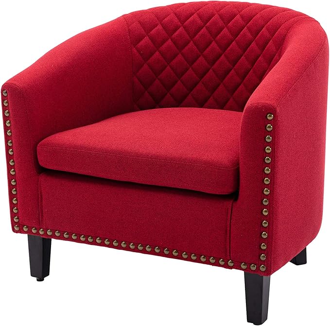 Accent Barrel Chair Living Room Chair with Nailheads and Solid Wood Legs Red Linen