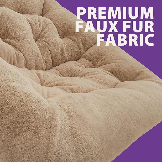 OAKHAM Comfy Chair for Adults Soft Faux Fur Folding Lounge for Bedroom Living Room Dorm Rooms Flexible Reading Chair for Teens Kids X-Large Foldable (Faux Fur-Beige)