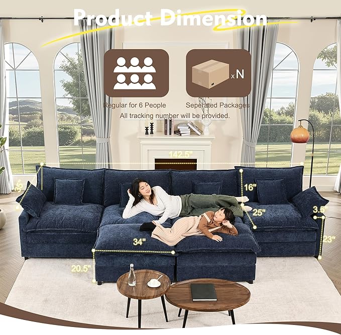 142.5 U Shaped Couch Modular Sectional Sofa 3-Seater Comfy Cloud Couch Set of Modular Pieces with Movable Ottoman Deep Seat Couches for Living Room Chenille Navy