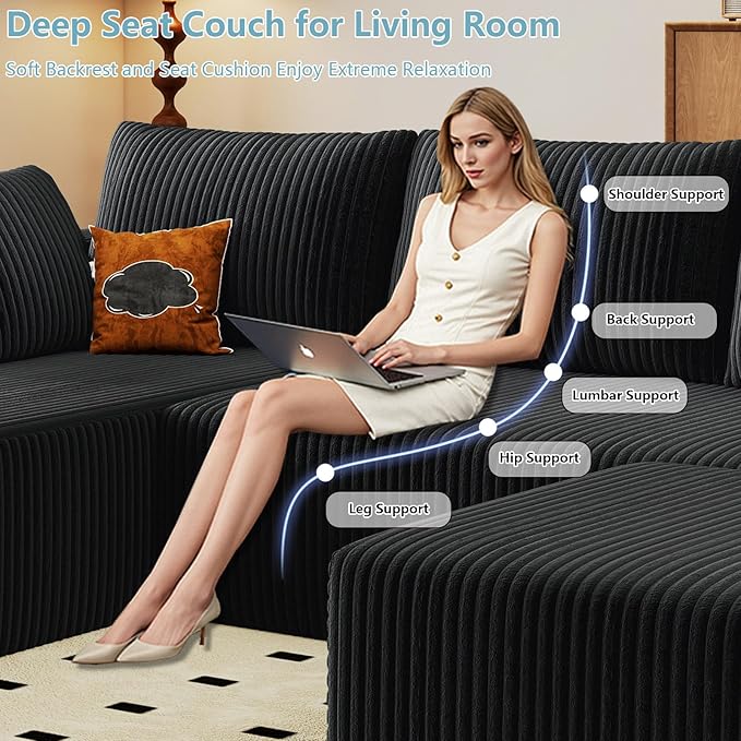 96 W Cloud Sectional Couch with OttomanModern U-Shaped Cloud Couch with Deep SeatComfy Corduroy 3-Seater SofaMemory Foam Sofa for Living RoomNo Assembly (BlackLeft-Facing Chaise)