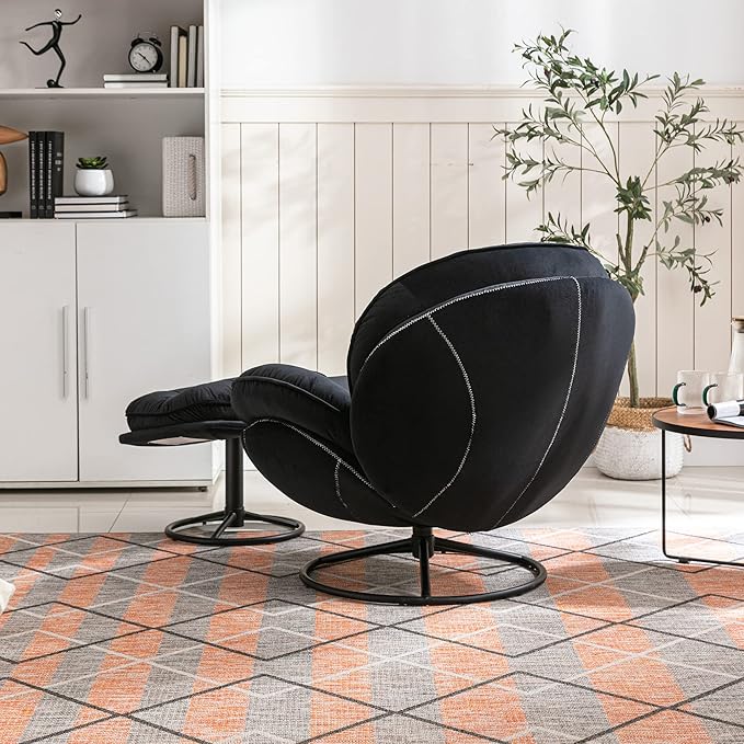 Bellemave Velvet Accent Chair with Ottoman Comfy Armchair with Footrest Modern TV Chair Living Room Chair for Living Room Bedroom Home Office Metal Base Frame (360 Degree Swiveling Black)