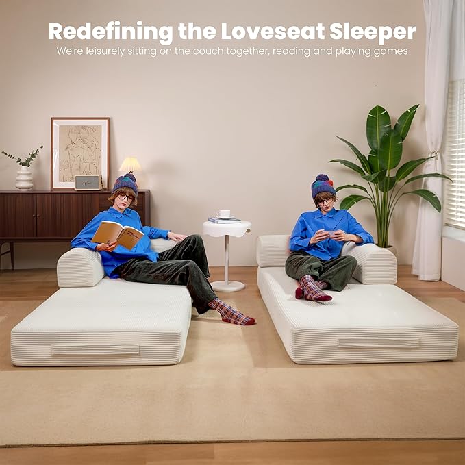 79 Convertible Sofa Bed Boneless Corduroy Sleeper Foldable Modular Couch Memory Foam Compressed Sofa in A Box Folding Mattress Floor Couch for Small Space Living Room Apartment Bedroom White