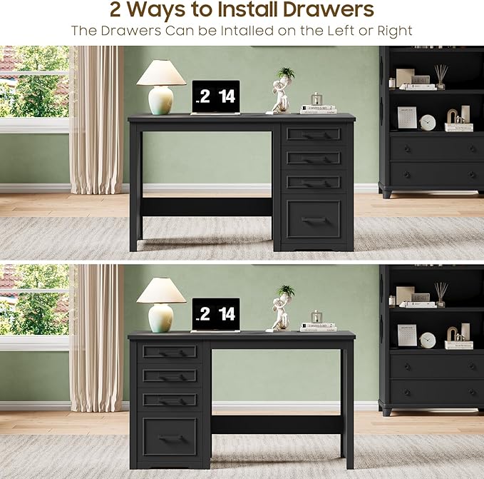 Vabches Farmhouse 49” Executive Desk with File Drawer 4 Drawers Reversible Computer Desk with Storage Rustic Home Writing Workstation for Home Office.Black